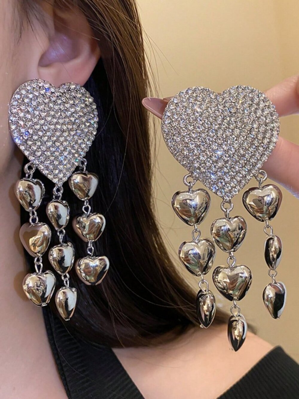 Silver contemporary Women's Heart-Shaped Metal Crystal Earrings